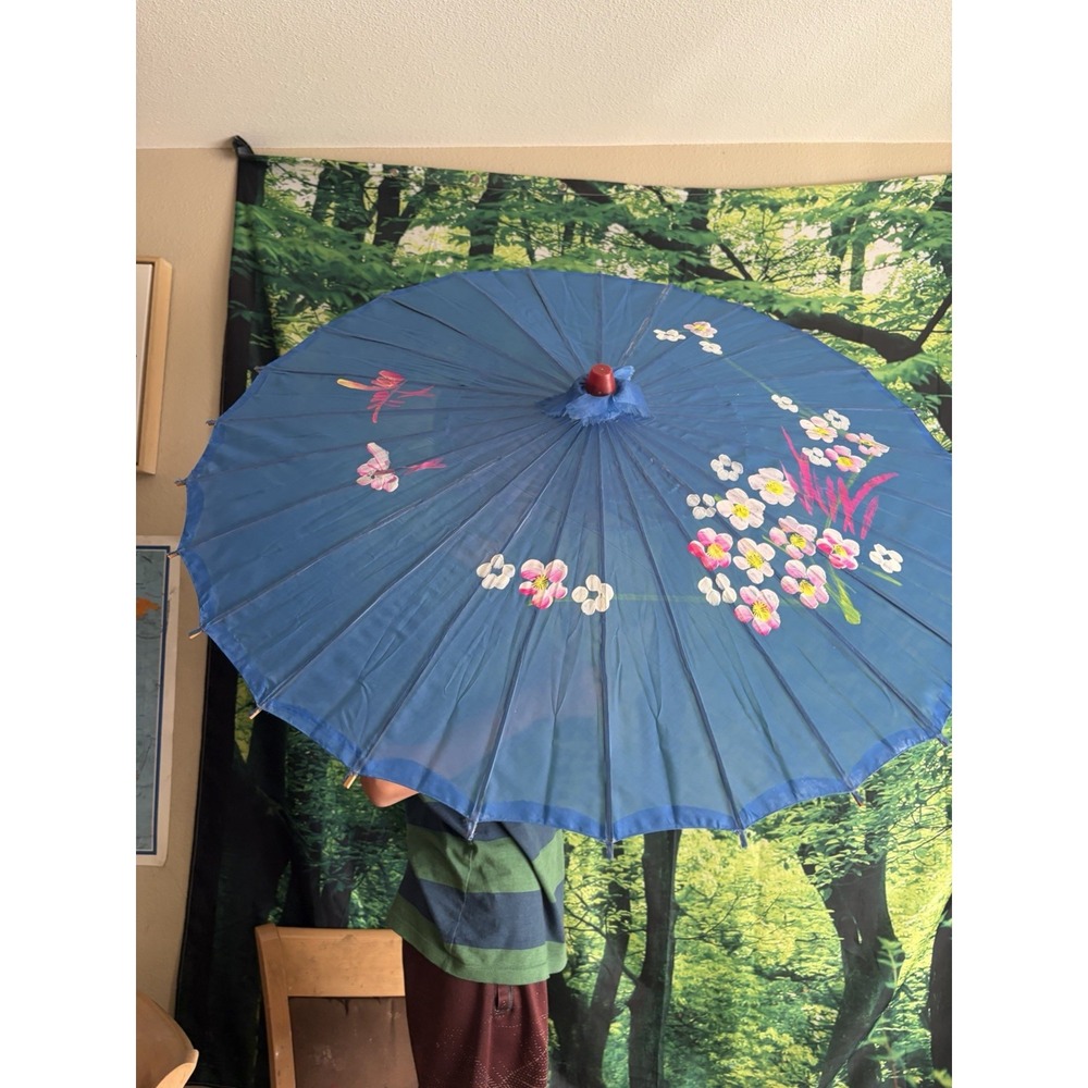 Vintage Blue Hand Painted Floral Parasol Umbrella Bamboo Wood Asian Decor 32"